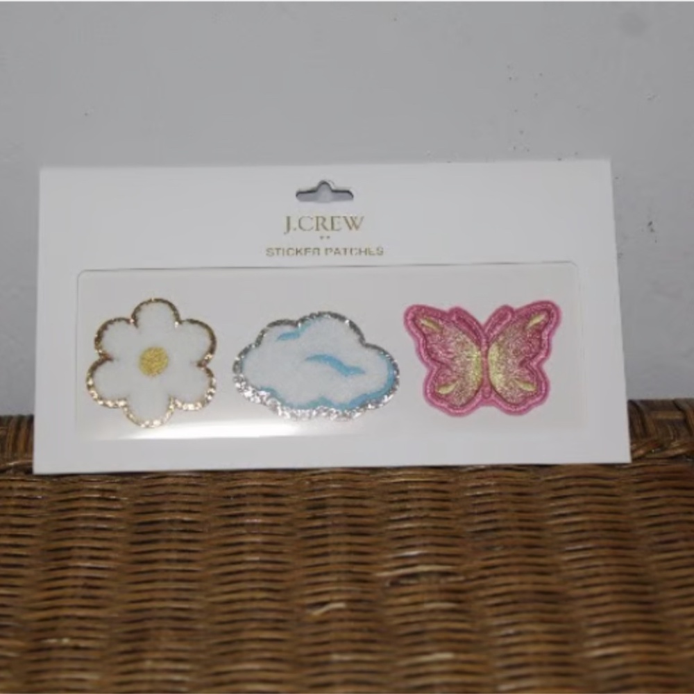J. Crew. Happy sticker patches set-of-three. Shapes: Flower. Cloud. Butterfly